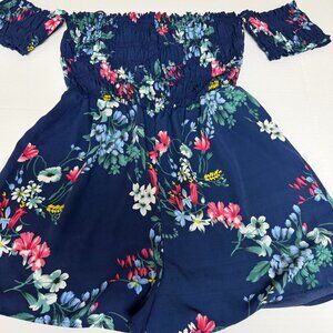 Sienna Sky blue floral shorts romper with ruched cold shoulder, back tie, small